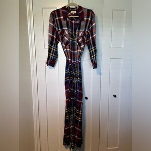 L'Agence Cameron Plaid Long Maxi Belted Shirt Dress Navy Multi - Size L